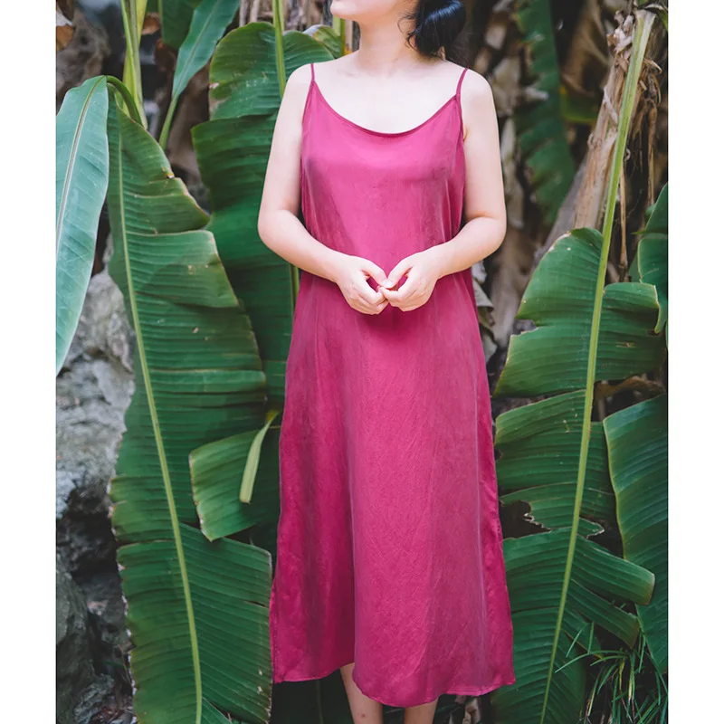 

Johnature 17 Summer Style Vintage Sleeveless Strap Dress New Women Solid Color Silk Dress Loose Bottoming A-line Brief Dress
