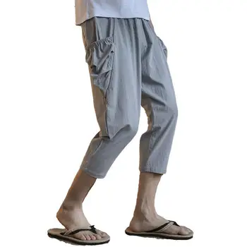 

M-3XL Plain Color Light Weight Cropped Linen Pants Men Calf-Length Elastic Waist Hemp Trousers Streetwear Summer Pencil Pant