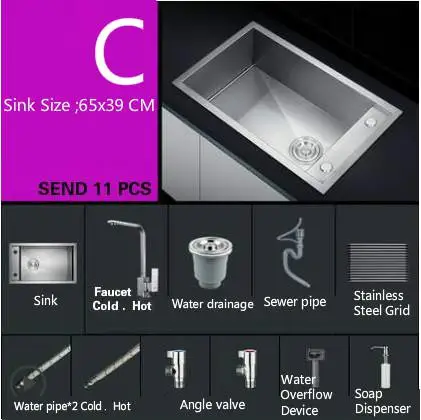 Free shipping Kitchen manual sink single trough wash the dishes durable 304 food-grade stainless steel hot sell 650x390 MM - Цвет: C