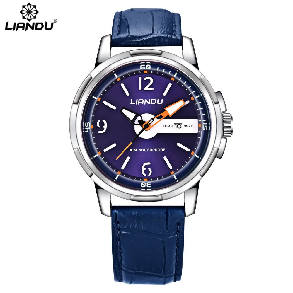 

LIANDU Men's Casual Watches Luminous Engraved Dial Brown Leather Men Quartz-Watch JAPAN MOVT