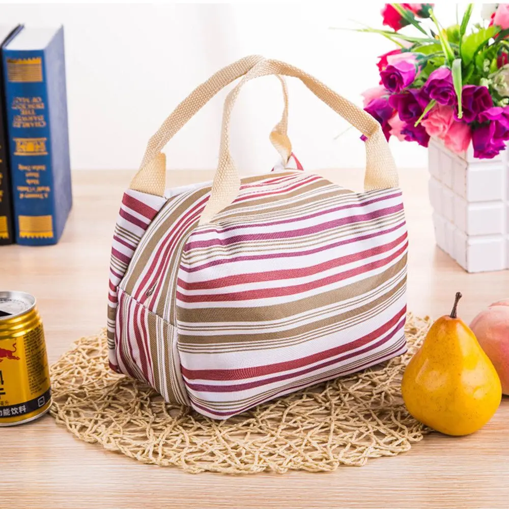 Insulated Canvas Stripe Picnic Carry Case Thermal Portable Lunch Bag For Women Men Girl Kids Children Carry Food Storage Case - Цвет: coffee