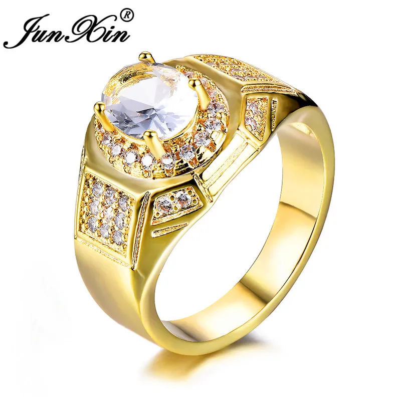 JUNXIN Vintage Male Ring 18KT Yellow Gold Filled Round White aaa Zircon Wedding Rings For Men Luxury Crystal Turkish Jewelry CZ