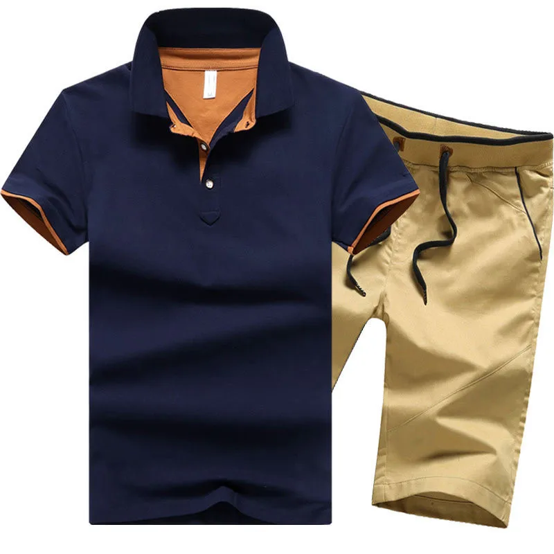 Хлопковые мужские комплекты, летние повседневные рубашки поло на пуговицах, мужские шорты с отложным воротником, 4XL, Мужская одежда, комплект из 2 предметов, спортивный костюм, шорты