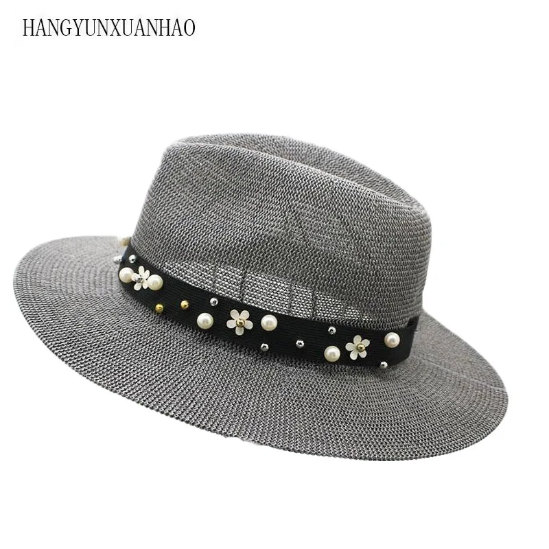 

Summer Hat Women Panama Straw Hat Fedora Beach Wide Brim Visor Casual Summer pearl Sun Hats For Women Sombrero