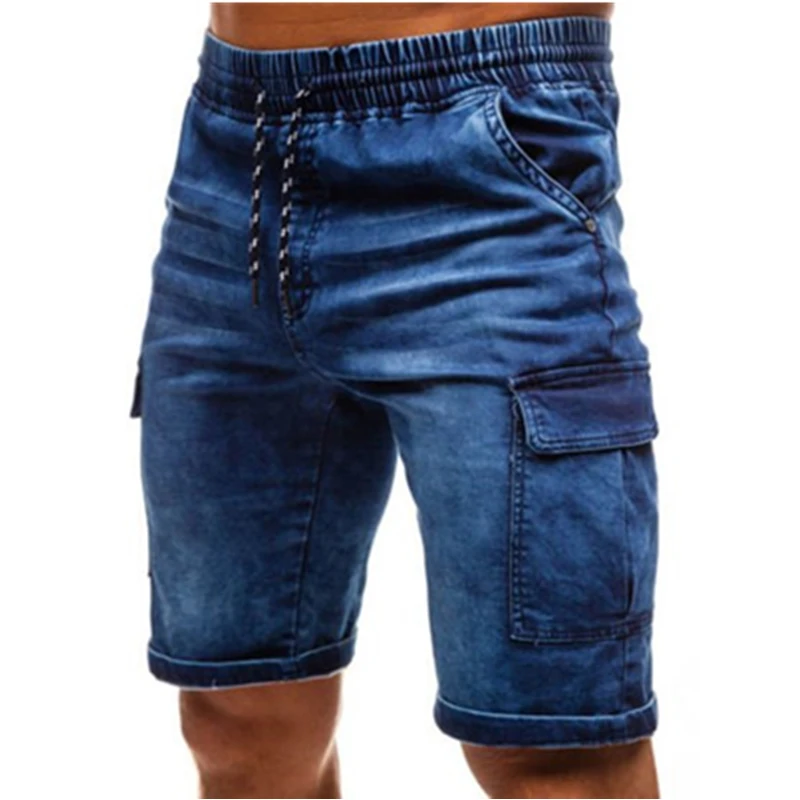 Мужские новые летние байкерские джинсы Бермуды, короткие модные уличные мужские свободные шорты в стиле хип-хоп с завязками, повседневные синие джинсовые пляжные шорты
