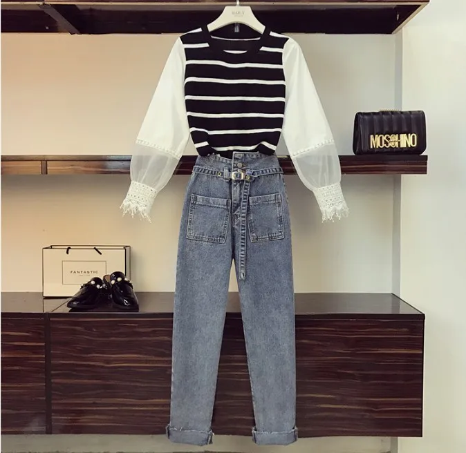 

2019 Spring New Women's Hollowed Lace Long Sleeve Striped Knitted Top + Straight Denim Trousers Two-piece Jeans Set