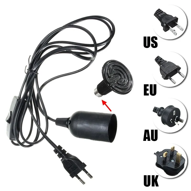 US/EU/UK/AU штепсельная Лампа Цоколь E27 цоколь держатель 2 м кабель для Рептилий