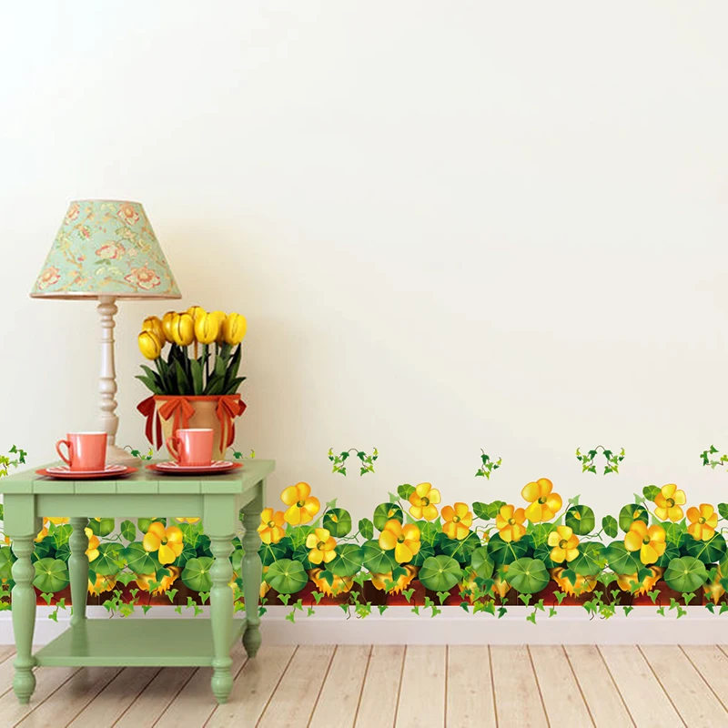 Flower Wall Sticker W126*H30 Yellow Plant Baseboard Mural Decal For
