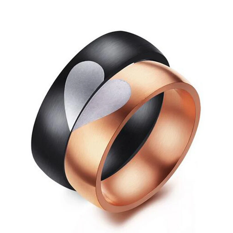 Качество Нержавеющая сталь кольцо Альянса Черный обручальное кольцо для Для мужчин из розового золота с принтом «сердце», «Любовь кольцо для Для женщин
