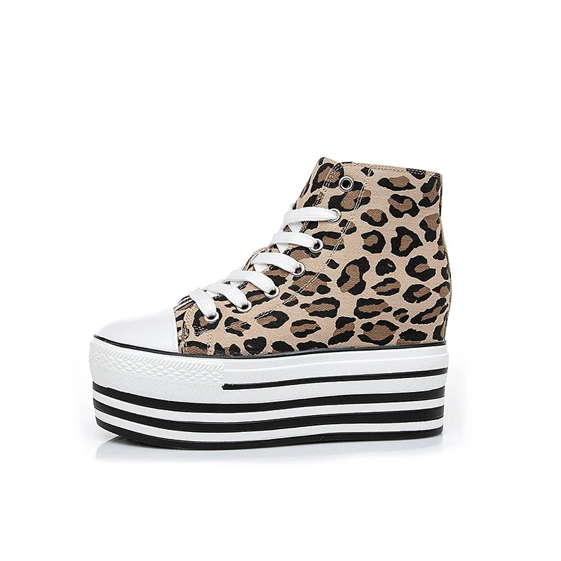

Womens Leopard Print Hidden Wedge Sneakers Lace Up Platform Casual Shoes Fashion High&Low Top Super High Heel A267