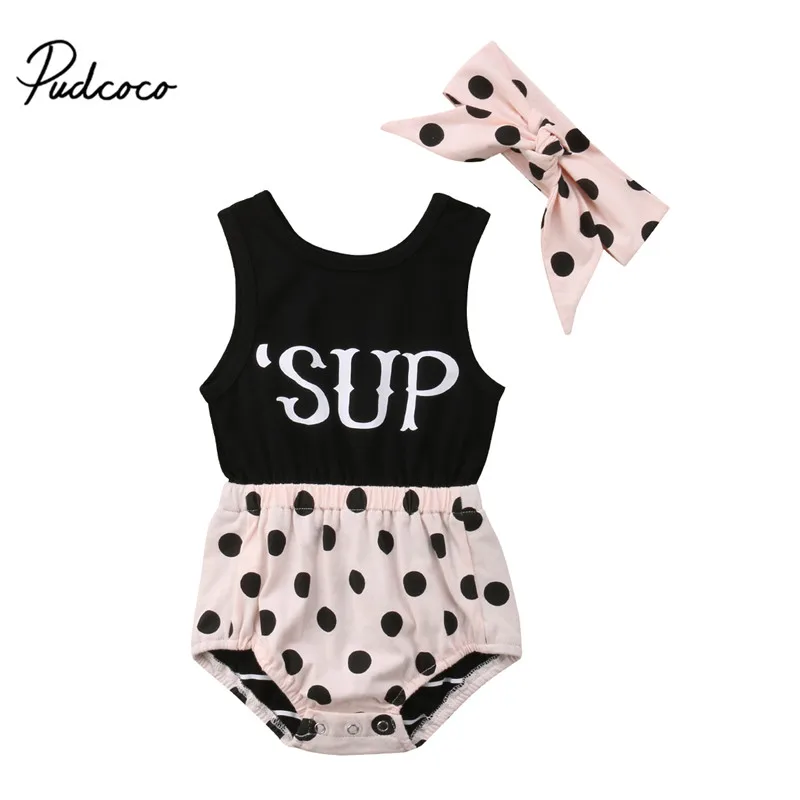 

Newborn Infant Baby Girl Polka Dot Sleeveless Vest Bodysuit Jumpsuit Sunsuit Headband 2Pcs Fashion Casual Outfits Clothes Set