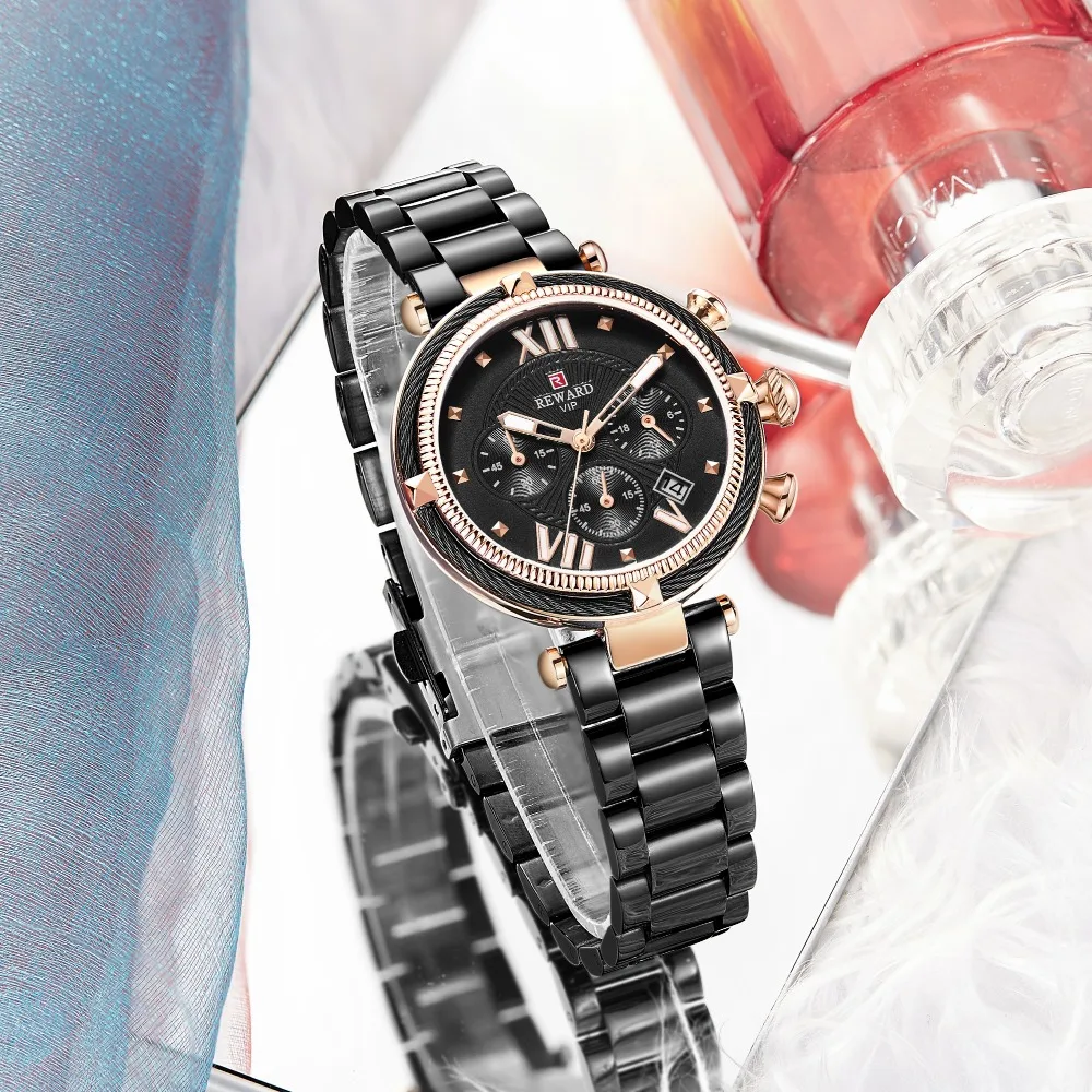 Награда Повседневное платье розовое золото часы женские кварцевые хронограф часы полный стальной ремешок водонепроницаемый люксовый