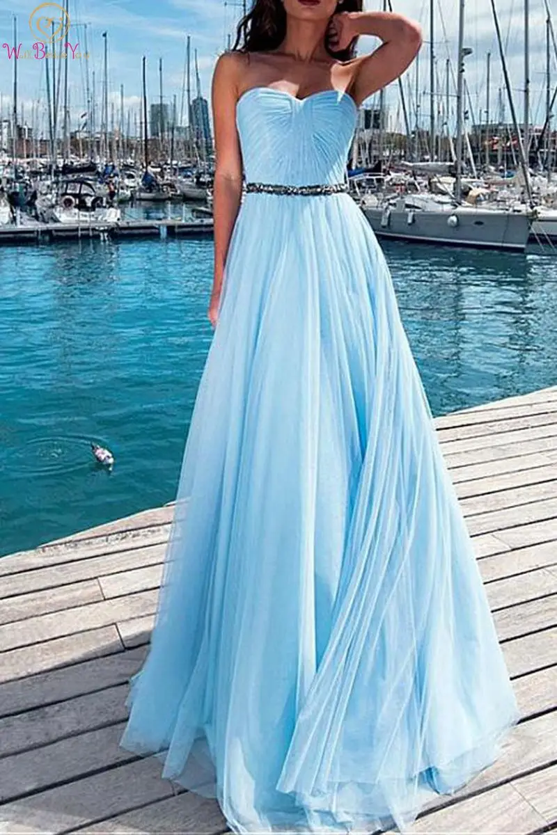 

Light Blue Prom Dresses 2019 Elegant Strapless Floor Length Long Tulle Sleeveless Simple Formal Party Evening Gowns gala jurken