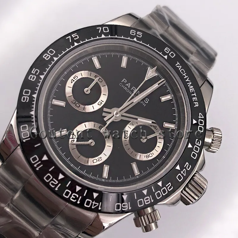 

PARNIS black dial sapphire glass cermaic bezel Chronograph quartz mens watch