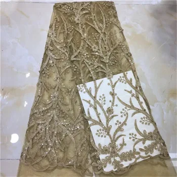 

2019 New High quality Champagne gold Embroidery African tulle lace French net lace fabric with Sequins for party dress