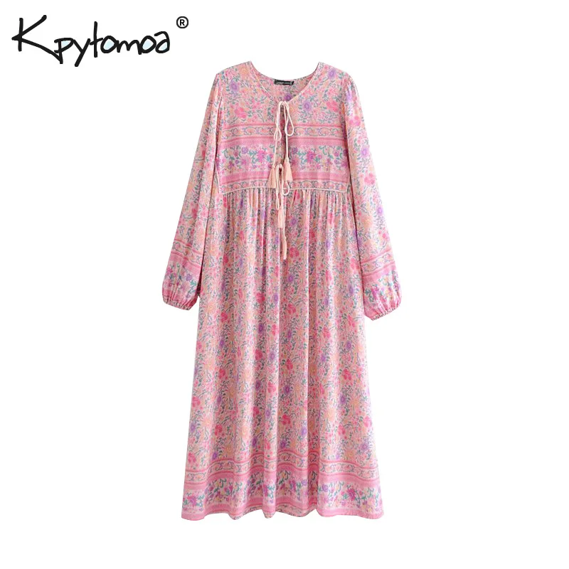 Meilleur Boho Chic été Vintage imprimé Floral plissé longue robe femmes 2019 mode col en V à lacets gland robes de plage Vestidos Mujer