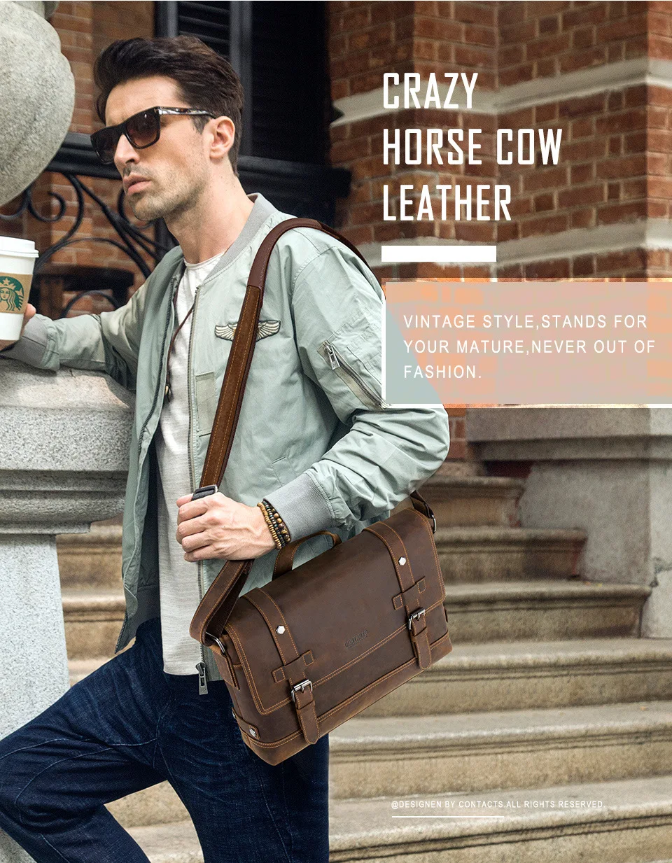 a guy on the street wearing sunglasses and holding a take away coffee while carrying a leather briefcase