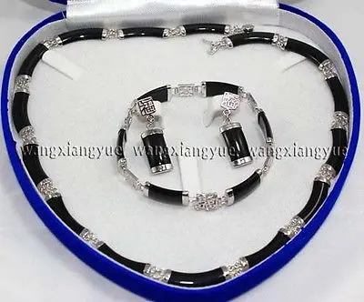 

FREE SHIPPING Natural Black Agate Link Necklace Bracelet earrings Set