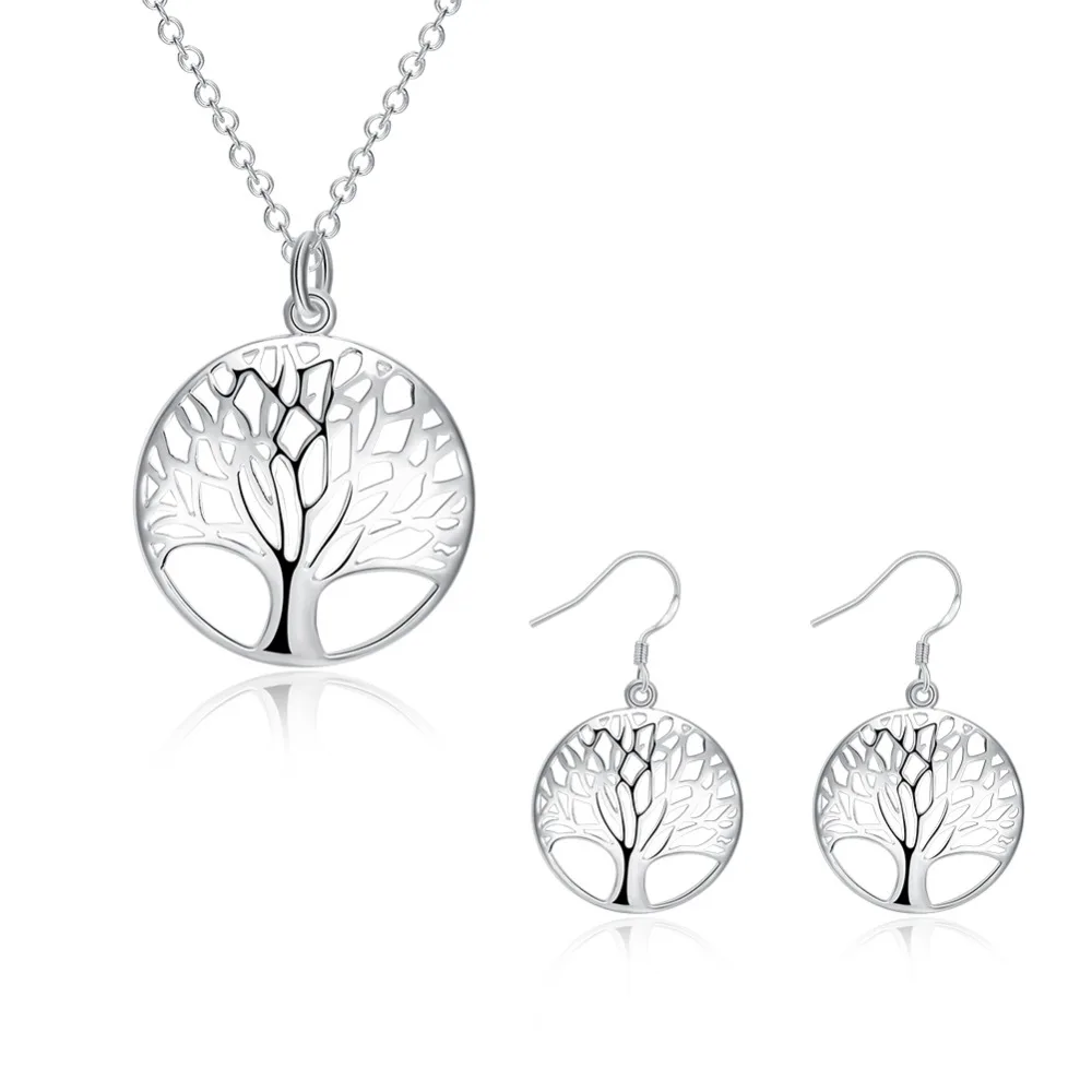 

Wisdom Tree Necklace 925 Silver set Stamp Tree Of Life Pendant Necklace and Earrings Christmas Gifts of jewe S828
