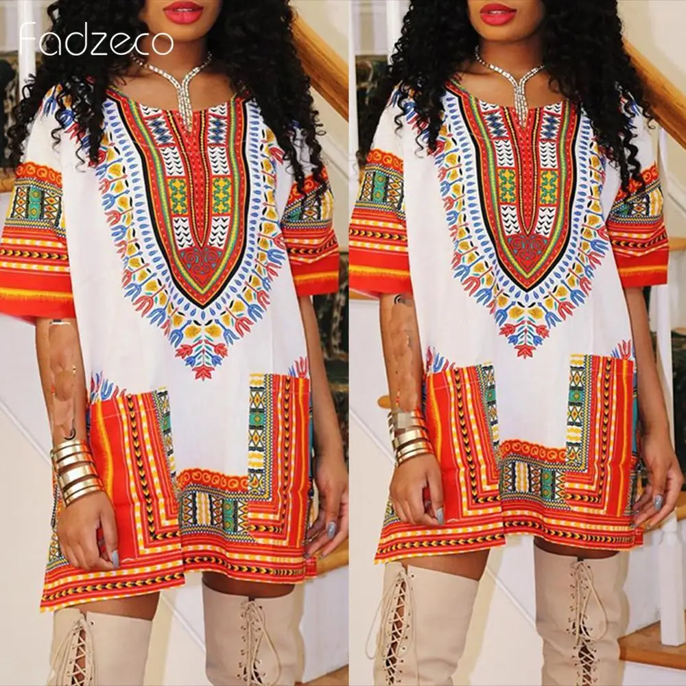 

Fadzeco African Dresses for Women Dashiki Short Sleeve O Neck Tribal Print Mini Dress Summer Ethnic Shirt Dress African Clothes