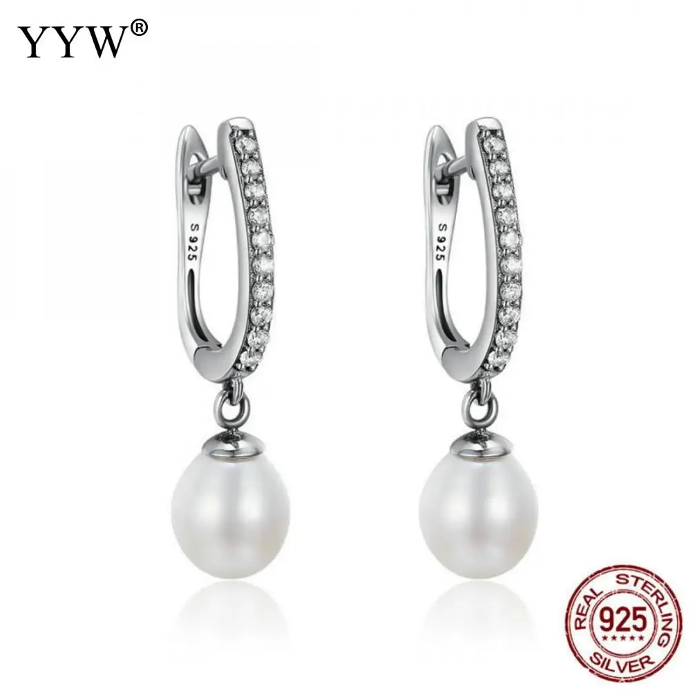 

1Pair Thailand Sterling Silver Lever Back Dangle Earring Women Wedding Jewelry with White Freshwater Pearl Charm Crystal Brincos