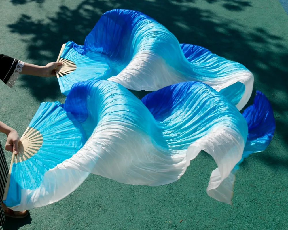 Женская Высококачественная китайская шелковая вуаль для поклонников танцев, пара фанатов для танца живота, дешевая горячая Распродажа, бирюзовый+ королевский синий+ белый