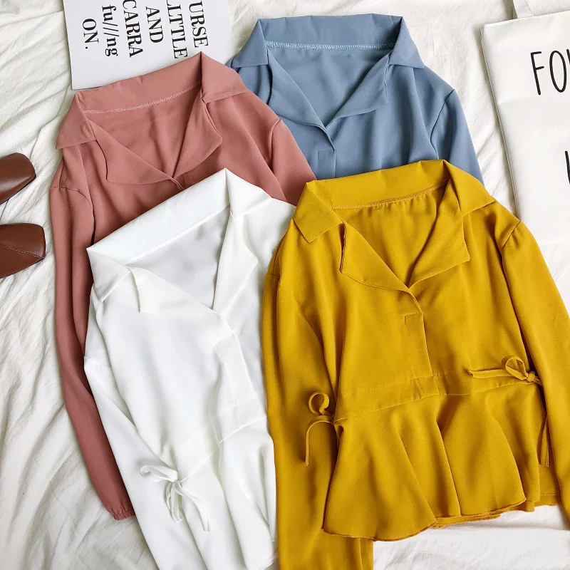 

Women Spring Summer Turn-down Collar Basic Bow Shirt Elegant Solid Lace Up Bandage Slim High Waist Short Pullover Blouse Tops