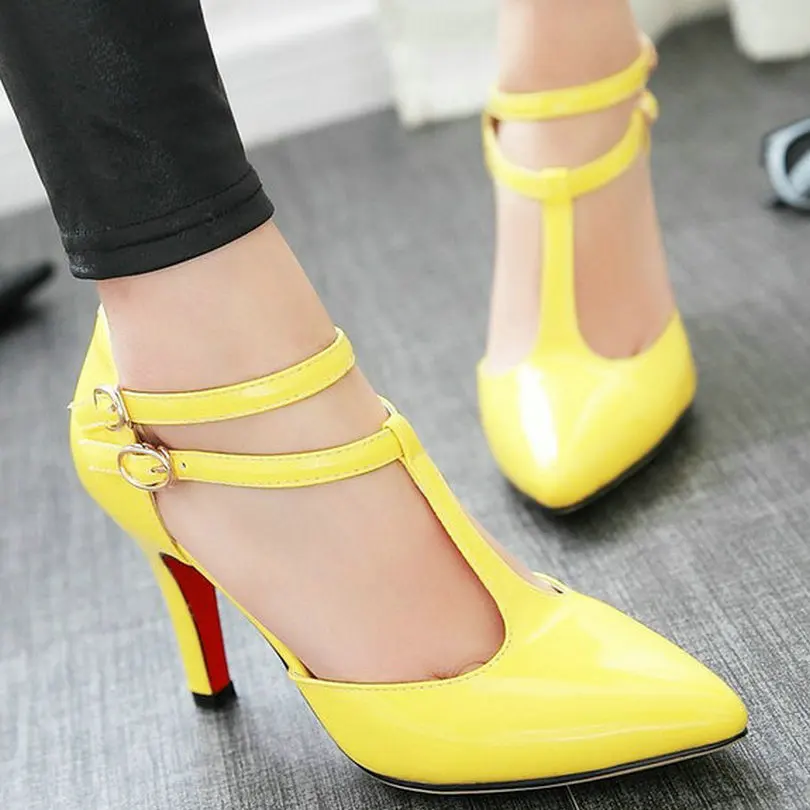 yellow t strap shoes