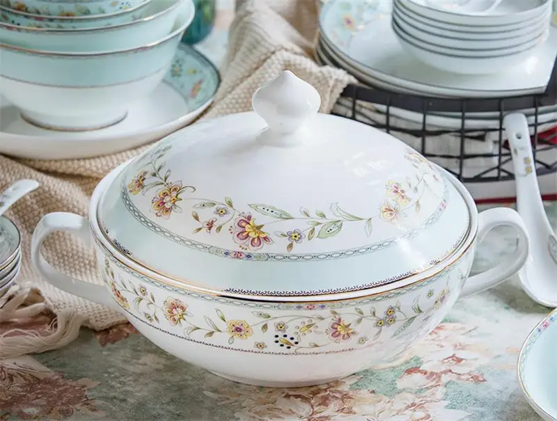 

9 inch, bone china floral soup tureen, porcelain food container, ceramic buffet serving bowls, vintage bento box for soup