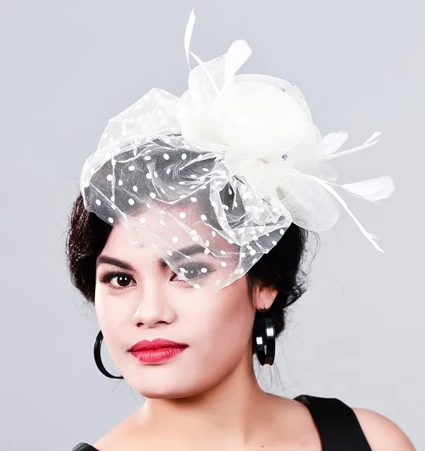 women fancy feather fascinator hats black birdcage veil