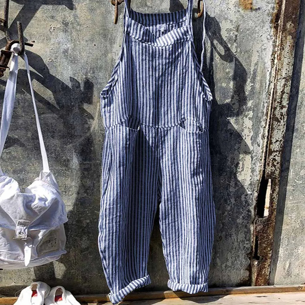 Женский комбинезон в стиле Харадзюку, модная женская карманная повязка, комбинезон без рукавов, полосатый комбинезон, колье, Femme