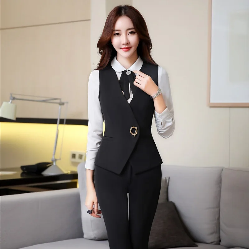 

Spring Autumn Slim Fashion Formal Pantsuits OL Styles Vest Coat With Pants For Ladies Women Business Outfits Plus Size Black