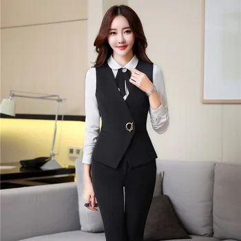 

Spring Autumn Slim Fashion Formal Pantsuits OL Styles Vest Coat With Pants For Ladies Women Business Outfits Plus Size Black