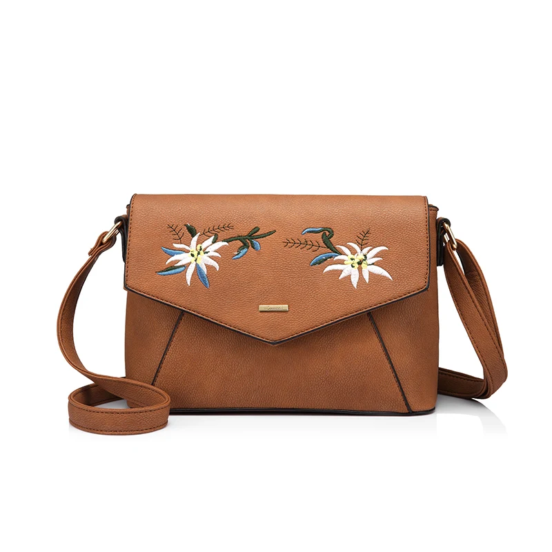 Женская сумка через плечо LOVEVOOK, наплечная сумка на молнии с цветочной вышивкой, не большая сумка с откидной заслонкой для весны и лета, из искусственной кожи - Цвет: Коричневый