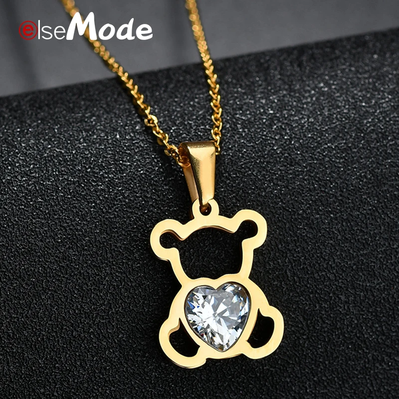 

ELSEMODE Hollow Cubic Zircon Bear Chain Necklaces Gold Stainless Steel Animal Necklace For Women Girl Femme Bijoux