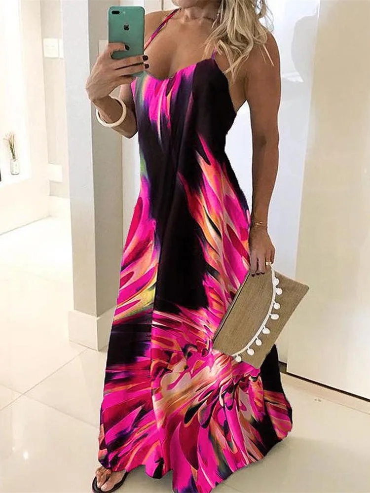 2020 Musim Panas Wanita Elegan Liburan Leisure Gaun Pesta Wanita Tie Dye  Seksi Gaun Spaghetti Tali Colorful Cetak Maxi Gaun|Gaun| - AliExpress