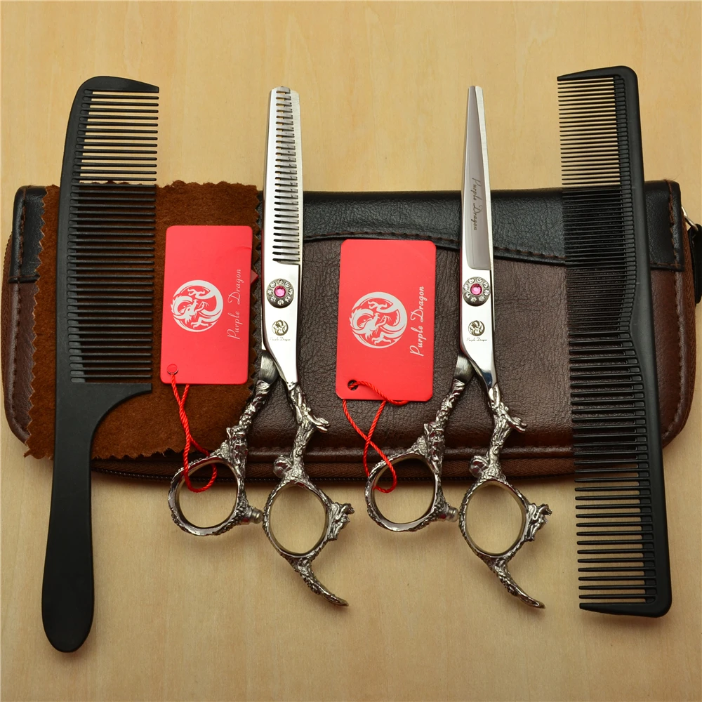 

4Pcs Suit 6'' Silvery Professional Human Hair Scissors Hairdressing Shears Combs + Cutting +Thinning Shears Dragon Carving H9005
