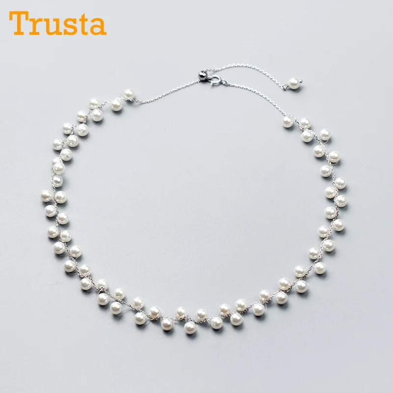 

Trusta 100% 925 Solid Sterling Silver Jewelry Double Layer Synthetic Pearl Pendant Short 38cm Necklace Teen Girls Lady DS1002