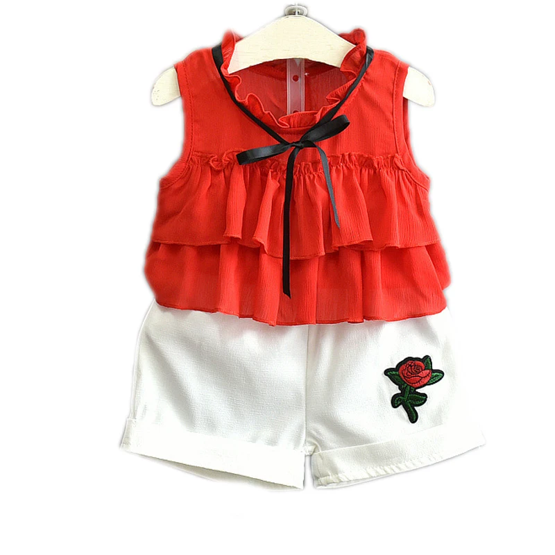 

girls summer clothes 2017 new kids clothes sleeveless red and orange t shirt+embroidery floral short pants girls beach clothes