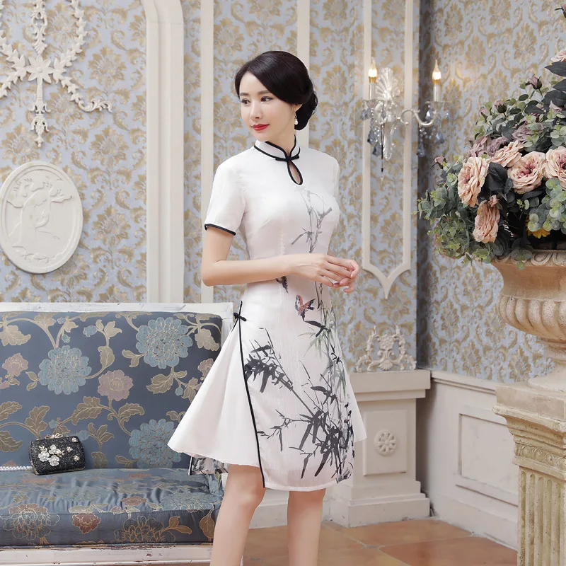 New Summer Sexy White Satin Chinese National QiPao Vietnam Ao Dai Dress Lady' s Short Sleeve Print Tight Short Dress S-2XL AD4-A