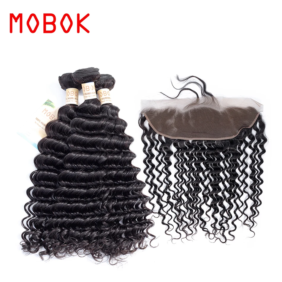 MOBOK Brazilian Deep Wave Bundles With Frontal Ear To Lace Natural Color 100% Human Hair Extension Non Remy Free Shipping | Шиньоны и