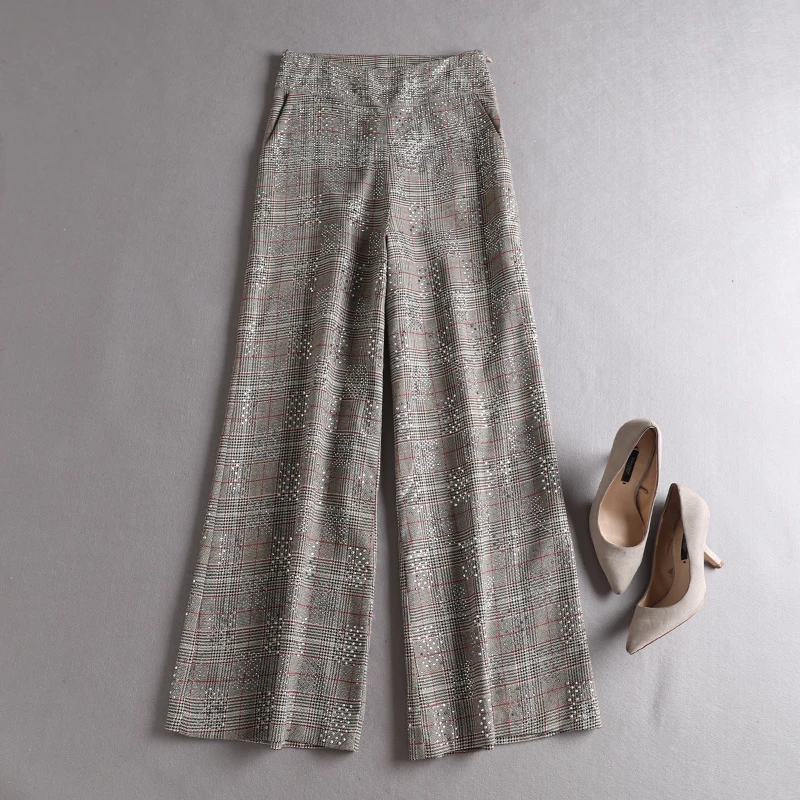 Wide Leg Pants Women High Waist Plaid Loose Pants Female Casualin