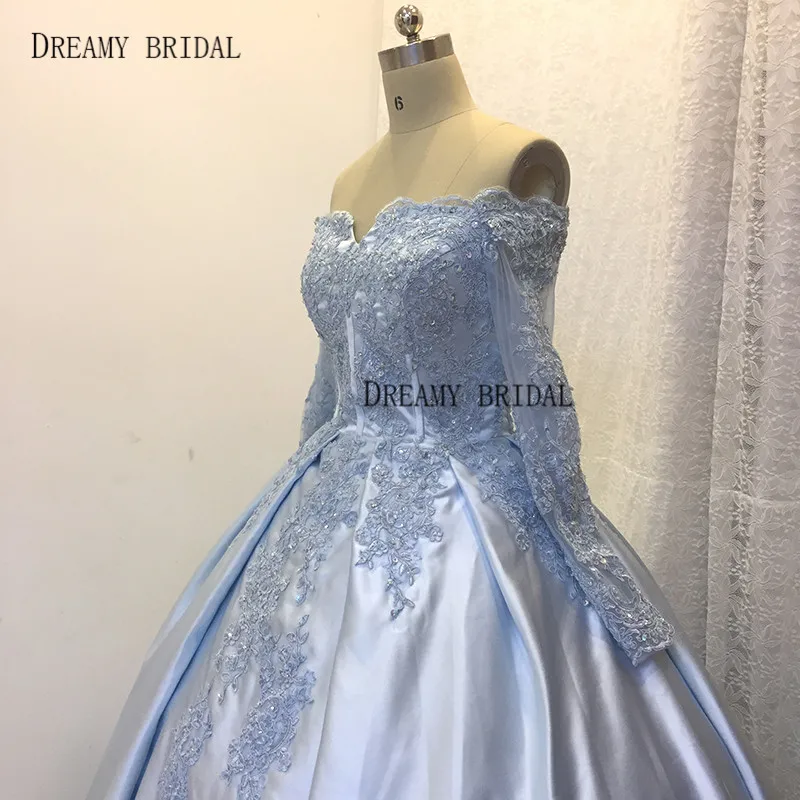 Dreamy Bridal Blue Long Wedding Dresses Ball Gown Sweetheart Long Sleeves Off the Shoulder Lace Beads Bride Gowns Custom Made-1