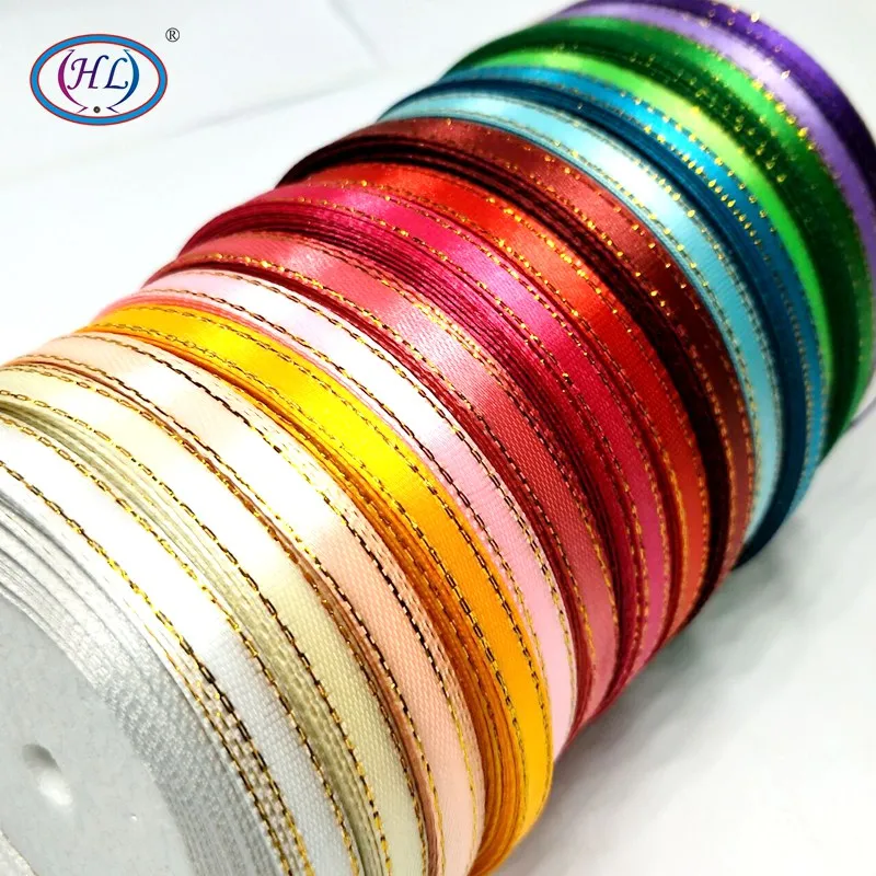 

HL 15 colors you pick 1 roll(25 yards ) 6MM Gold Edge Solid Satin Ribbon Wedding Christmas Decorative Gift Wrapping DIY Crafts