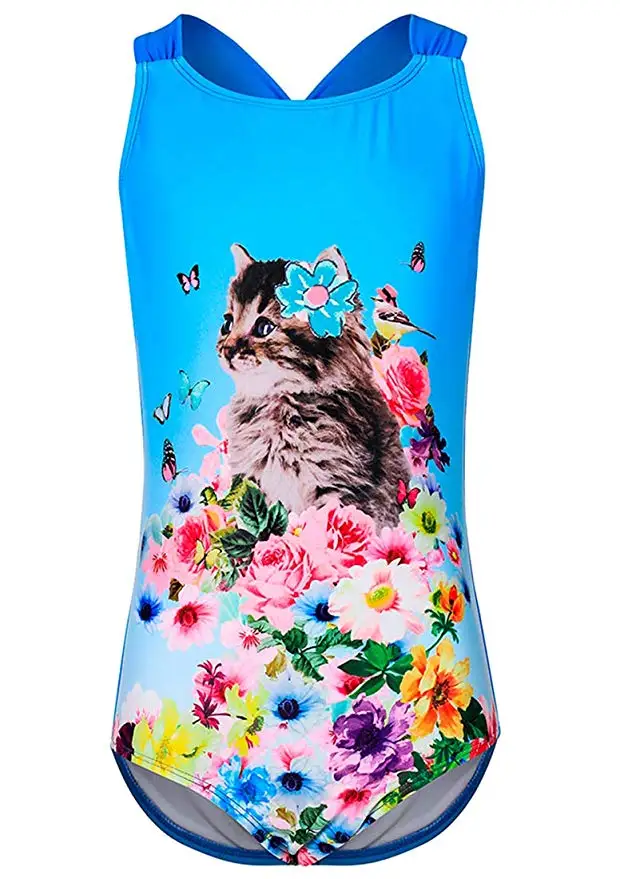 Слитный купальник; купальный костюм; 1 шт.; Cats די Cats кошки и цветочные принты; купальный костюм для маленьких девочек - Цвет: Синий
