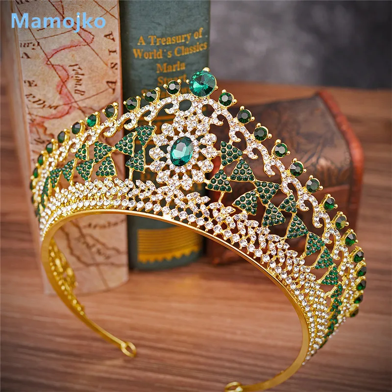Mamojko, Большая барочная винтажная зеленая Королевская Синяя кристальная Королевская корона, Золотая свадебная повязка на голову, красивая свадебная тиара для женщин