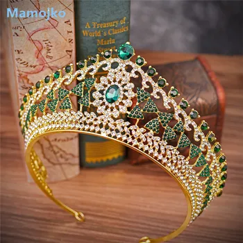 

Mamojko Large Baroque Vintage Green Royal Blue Crystal Queen Crown Gold Bridal Headband Beauty Pageant Wedding Tiara for Women