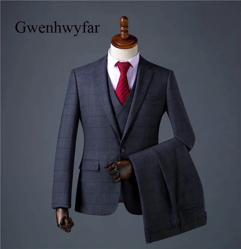 

Gwenhwyfar Men Suits 2018 High Quality Plaid Men Suits Wedding Party Groom Men Tuxedos Blue Line Plaid Men Suits In Grey 3 Piece