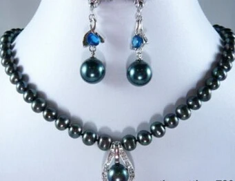 

Miss charm Jew.233 Real Black Pearl Blue Cubic Zirconia 18KWGP Clasp Pendant Necklace Earrings Set (A0516)
