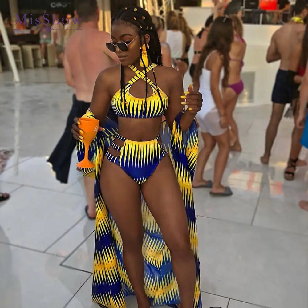 

Exotic Mid Waist Print Cross Back Bikinis Set Swimwear Women 2019 New Polyester Bikini Bathing Suit Women Stroj Kapielowy